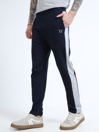 Men’s Navy Blue Cotton Blend Trackpant with Grey Side Panel | Regular Track Pants for Casual & Gym Wear