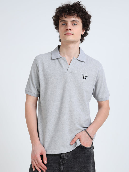 Men’s Light Grey Solid Polo T-Shirt with Minimal Chest Logo | Regular Fit Casual Cotton Blend Tee