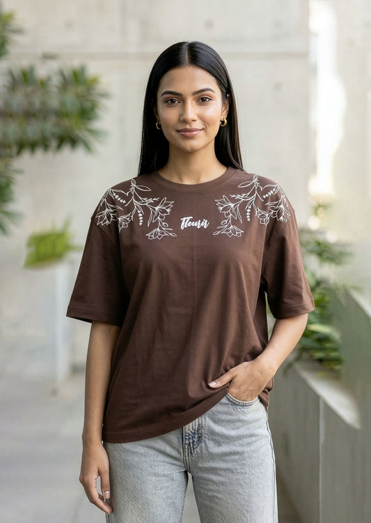 Womens Oversized Brown Graphic T-Shirt – Minimal Botanical Print