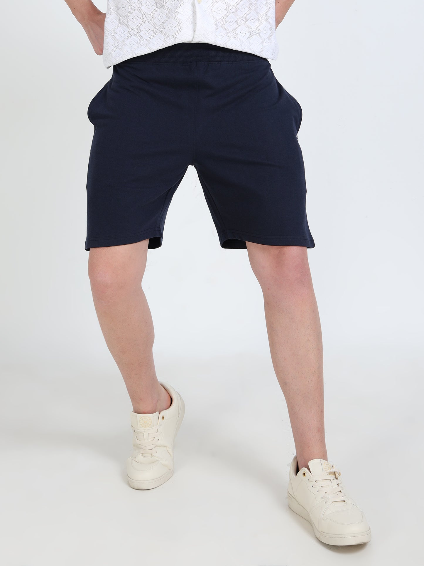 Men’s Navy Cotton Blend Shorts with Minimal Logo | Regular Fit Casual & Athleisure Shorts