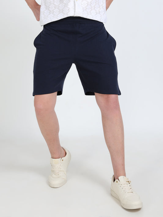 Men’s Navy Cotton Blend Shorts with Minimal Logo | Regular Fit Casual & Athleisure Shorts