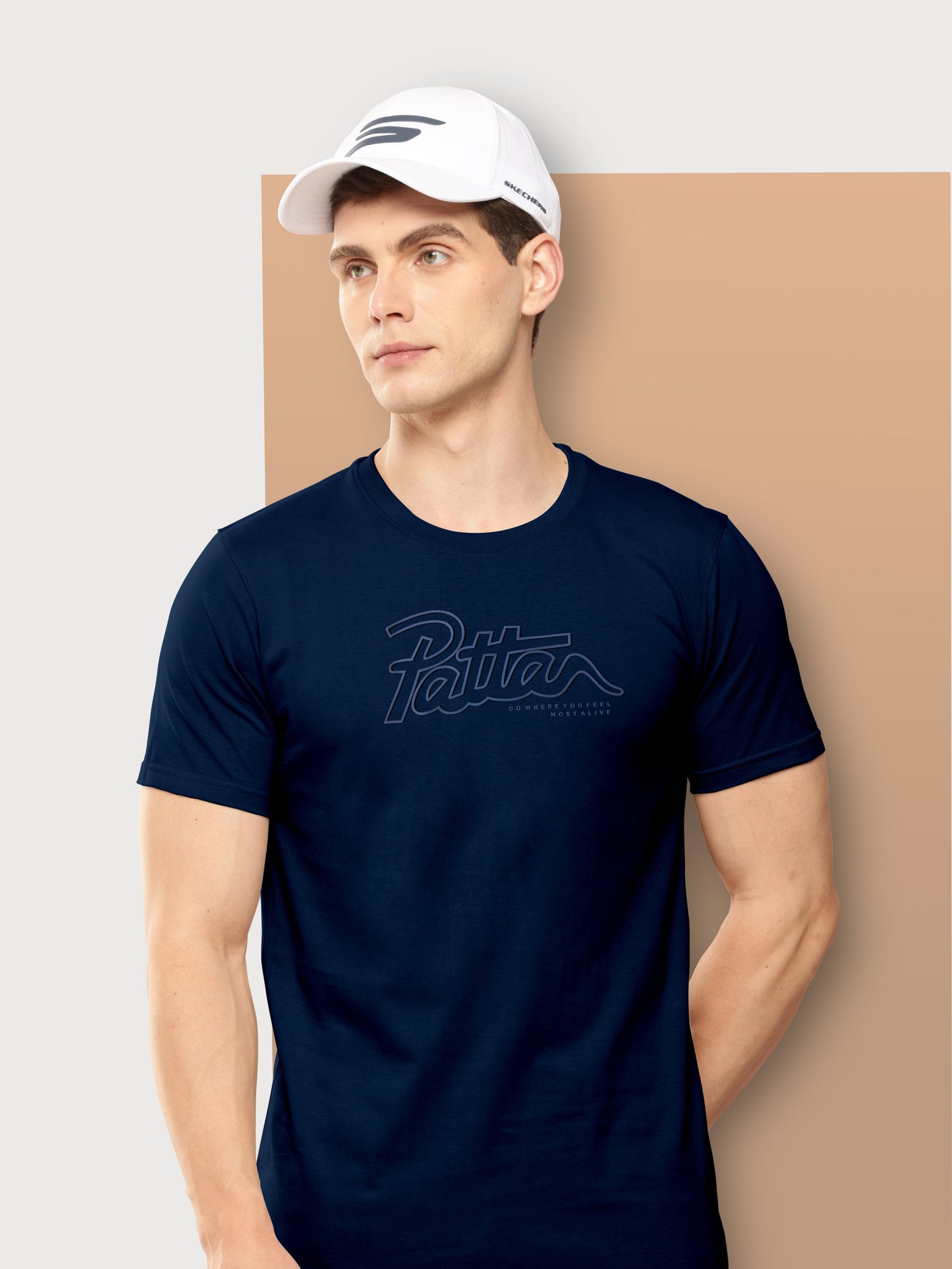 Men Navy Solid Embossed Logo Round Neck T-Shirt