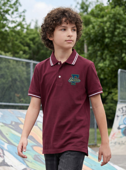 Boys' Maroon Solid Polo T-Shirt | Contrast Stripe Collar & Sleeve Detail