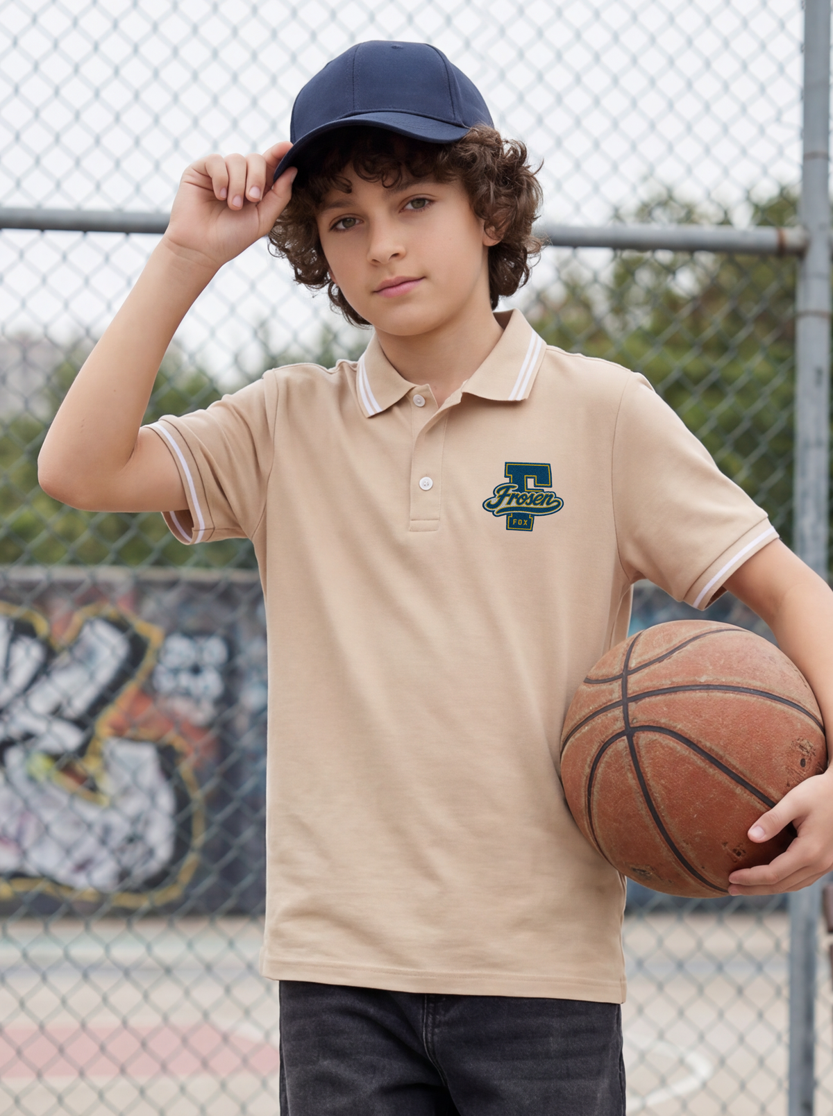 Boys' Beige Polo T-Shirt | Contrast Stripe Collar & Chest Graphic