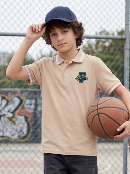 Boys' Beige Polo T-Shirt | Contrast Stripe Collar & Chest Graphic