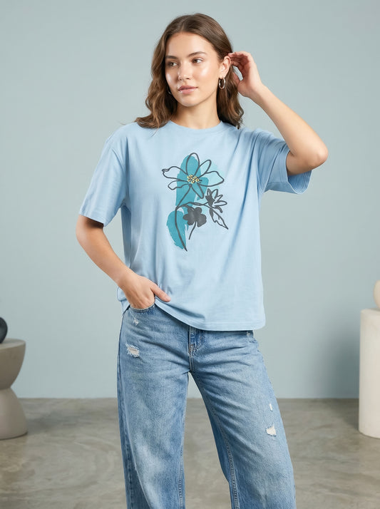 Women Oversized Cotton T-Shirt Floral Print Casual Oversized Drop Shoulder Tee