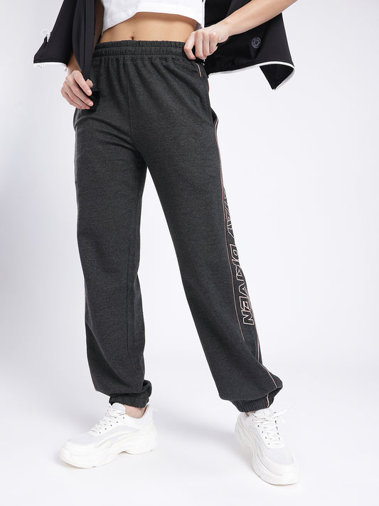 Women’s Charcoal Grey Cotton Joggers | Slim Fit Track Pants with Side Stripe