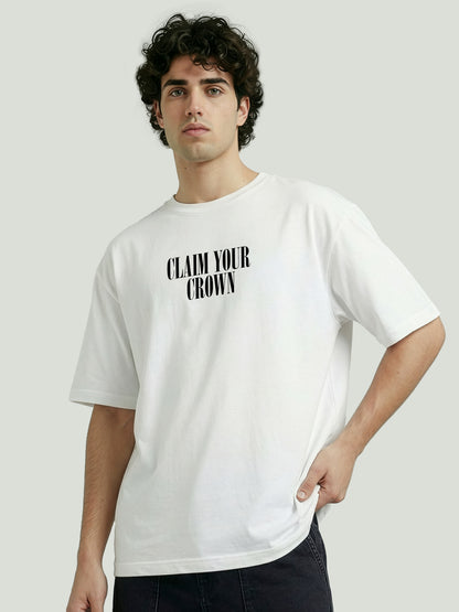Men’s Oversized White Graphic T-Shirt – Crown Chess Back Print | Cotton Blend Drop Shoulder Streetwear Tee