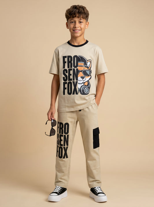 Kids' Beige "FROSEN FOX" Graphic Printed T-Shirt and Cargo Track Pants Set