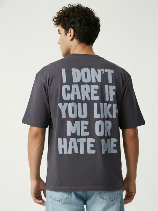 Men’s Oversized Grey Graphic T-Shirt – “I Don’t Care” Back Print | Cotton Blend Drop Shoulder Streetwear Tee