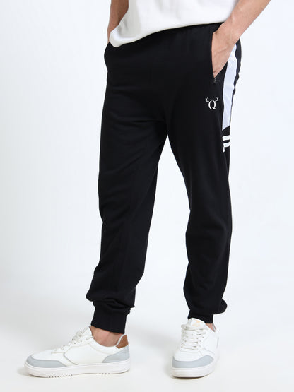 Men’s Black Printed Regular Fit Joggers | Mid-Rise | Zip Pocket | Elasticated Waist