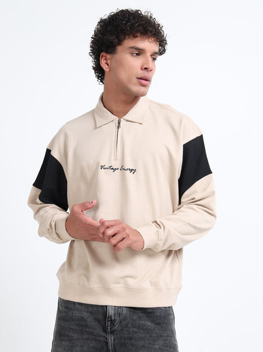 Men’s Beige Half-Zip Sweatshirt | Vintage Energy Printed Oversized Pullover