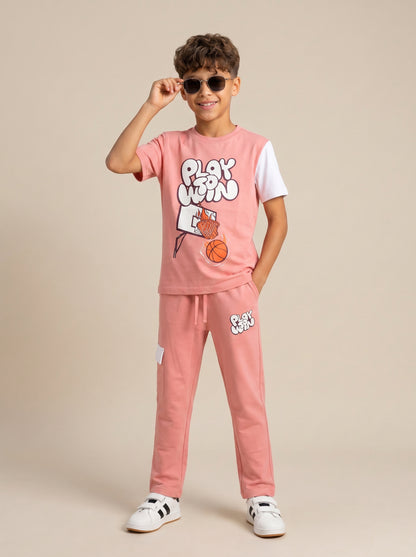 Kids' Coral "PLAY TO WIN" Basketball Graphic T-Shirt and Track Pants Set