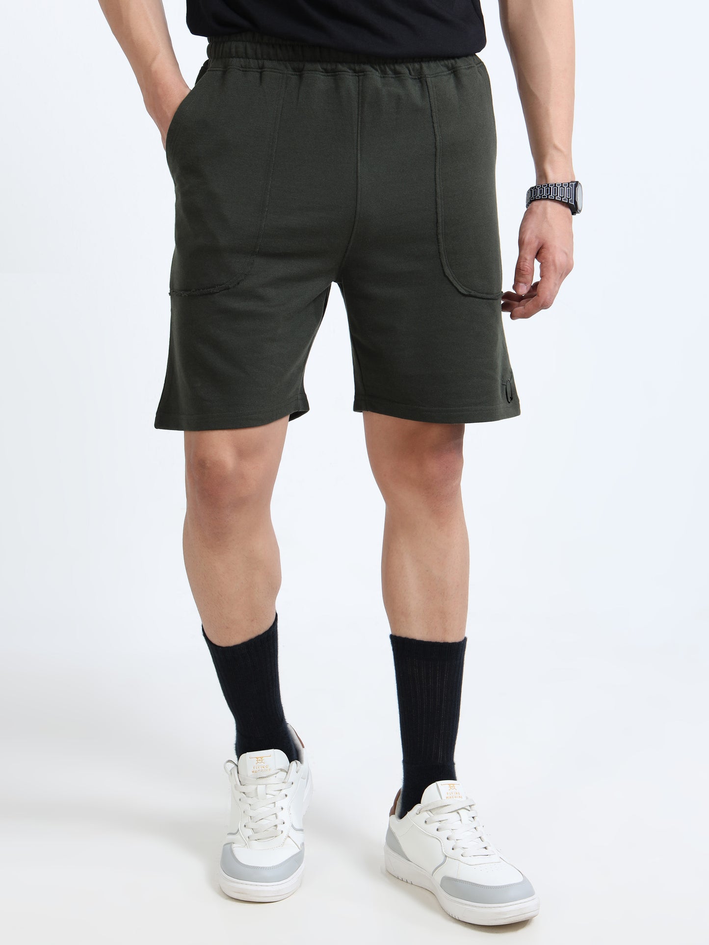 Men's Olive Green Raw Edged Casual Shorts | Premium Cotton Blend Regular Fit Comfortable Summer Shorts