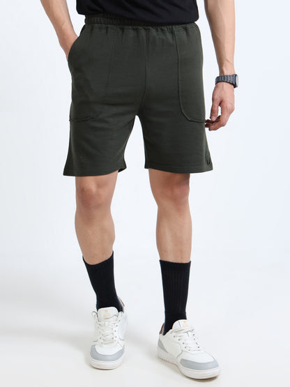 Men's Olive Green Raw Edged Casual Shorts | Premium Cotton Blend Regular Fit Comfortable Summer Shorts
