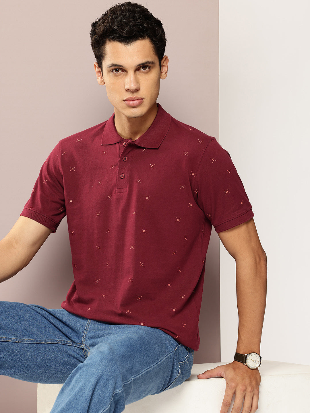 Men’s Maroon Micro-Printed Polo T-Shirt