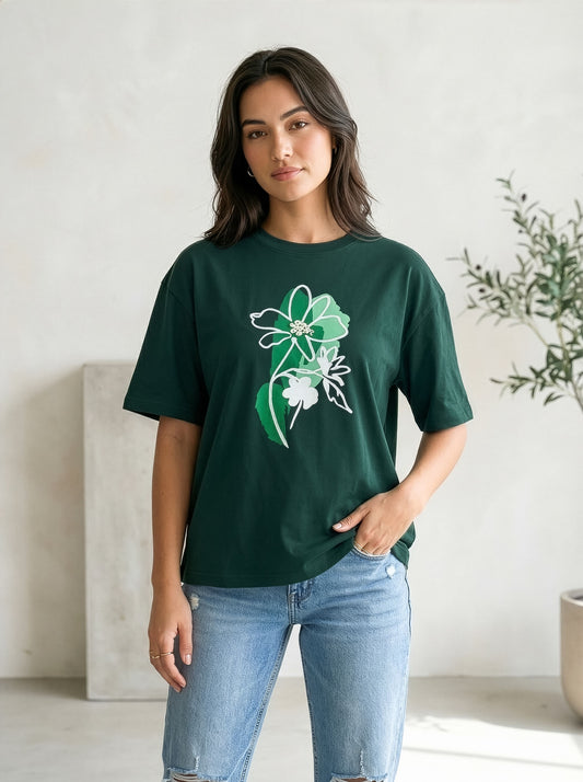 Women Oversized Floral Printed T-Shirt Cotton Casual Drop Shoulder