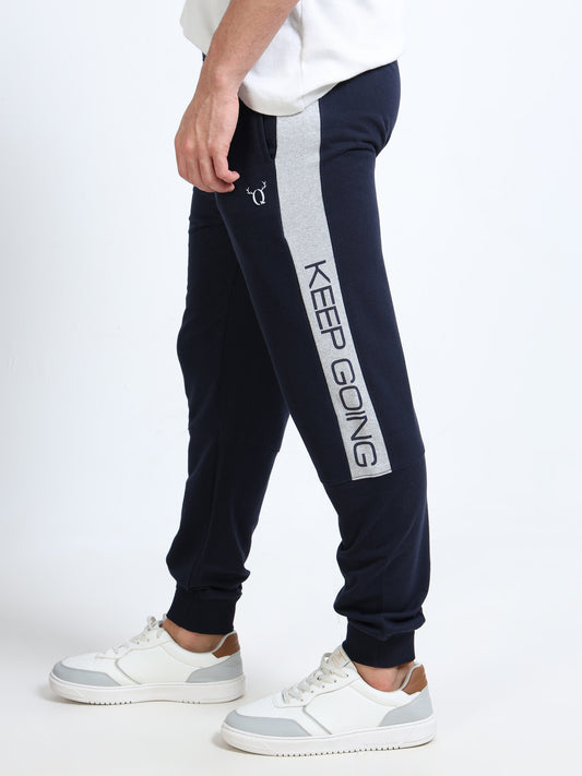 Men’s Navy Blue Regular Fit Joggers | Mid-Rise | Printed Details | Elasticated Waist