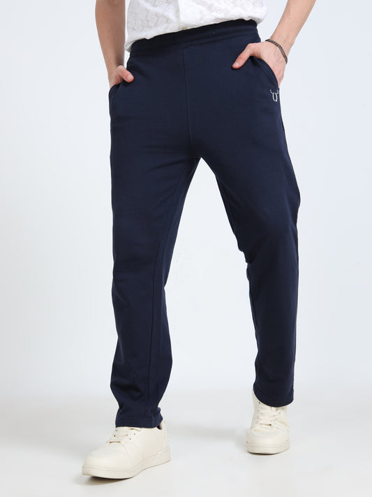 Men’s Navy Cotton Blend Track Pants with Minimal Logo | Relaxed Fit Casual Track Pants