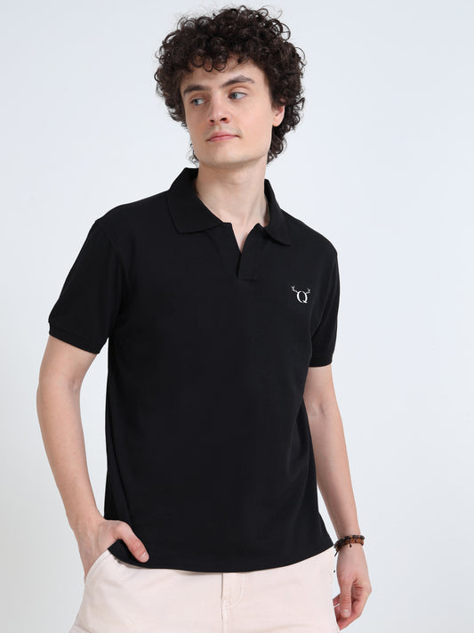 Men’s Black Cotton Blend Polo T-Shirt with Minimal Chest Logo | Regular Fit Casual Tee