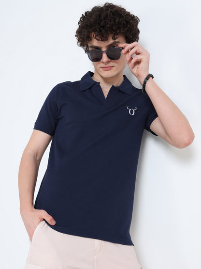 Men’s Navy Cotton Blend Polo T-Shirt with Minimal Chest Logo | Regular Fit Casual Tee