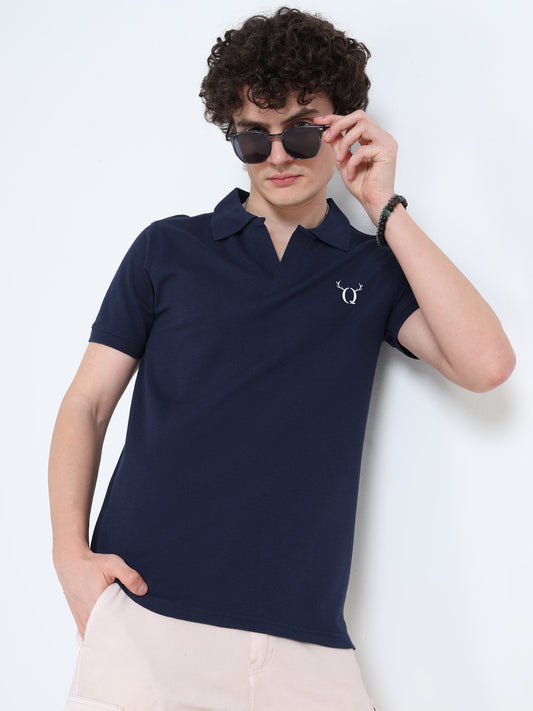Men’s Navy Cotton Blend Polo T-Shirt with Minimal Chest Logo | Regular Fit Casual Tee