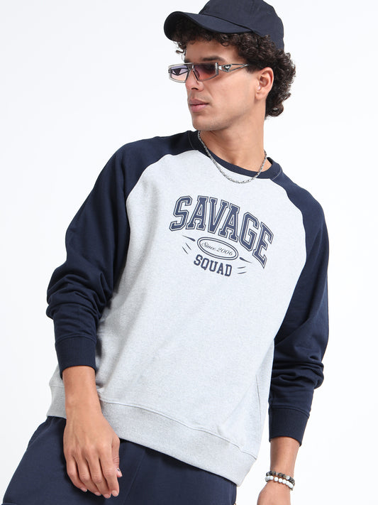 Men’s Grey & Navy Raglan Sweatshirt | Savage Squad Printed Crewneck