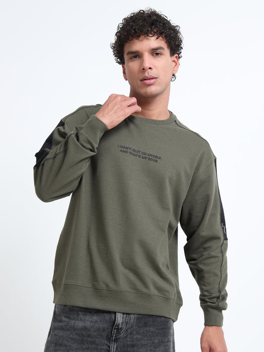 Men’s Olive Green Oversized Sweatshirt | Motivational Printed Round neck Pullover