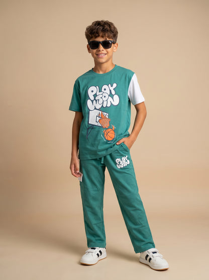 Kids' Dark MInt "PLAY TO WIN" Basketball Graphic T-Shirt and Track Pants Set