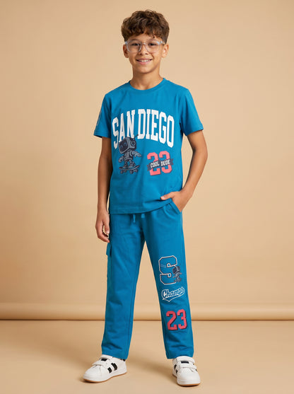 Kids' Light Blue "SAN DIEGO" Graphic Printed T-Shirt and Track Pants Set