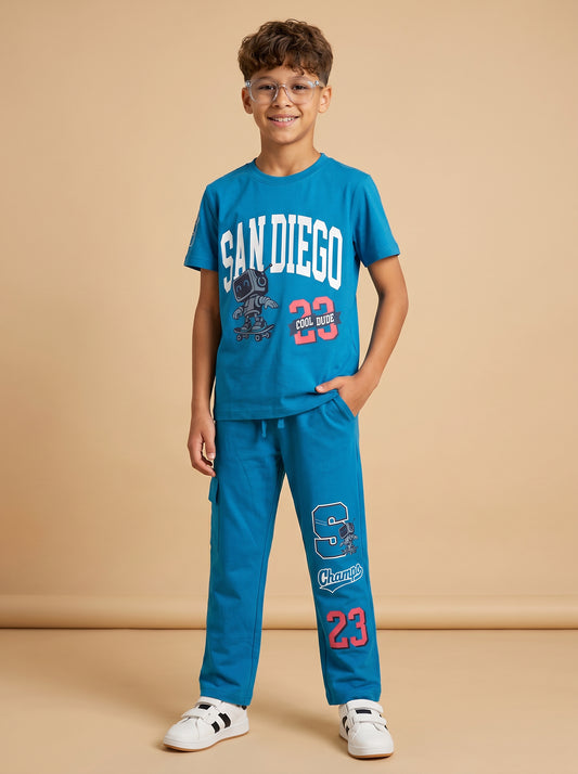 Kids' Light Blue "SAN DIEGO" Graphic Printed T-Shirt and Track Pants Set