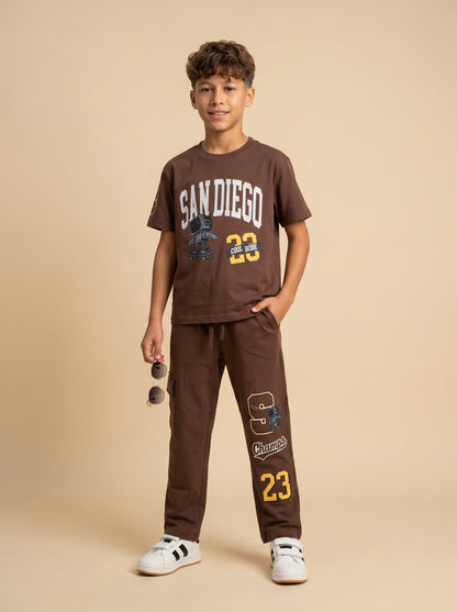 Kids' Brown "SAN DIEGO" Graphic Printed T-Shirt and Track Pants Set