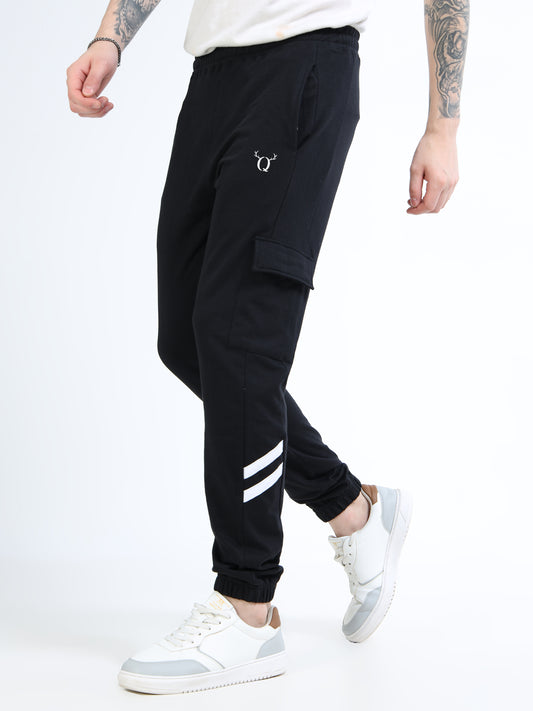 Men’s Black Cotton Blend Cargo Joggers – Regular Fit Track Pants with Utility Pocket