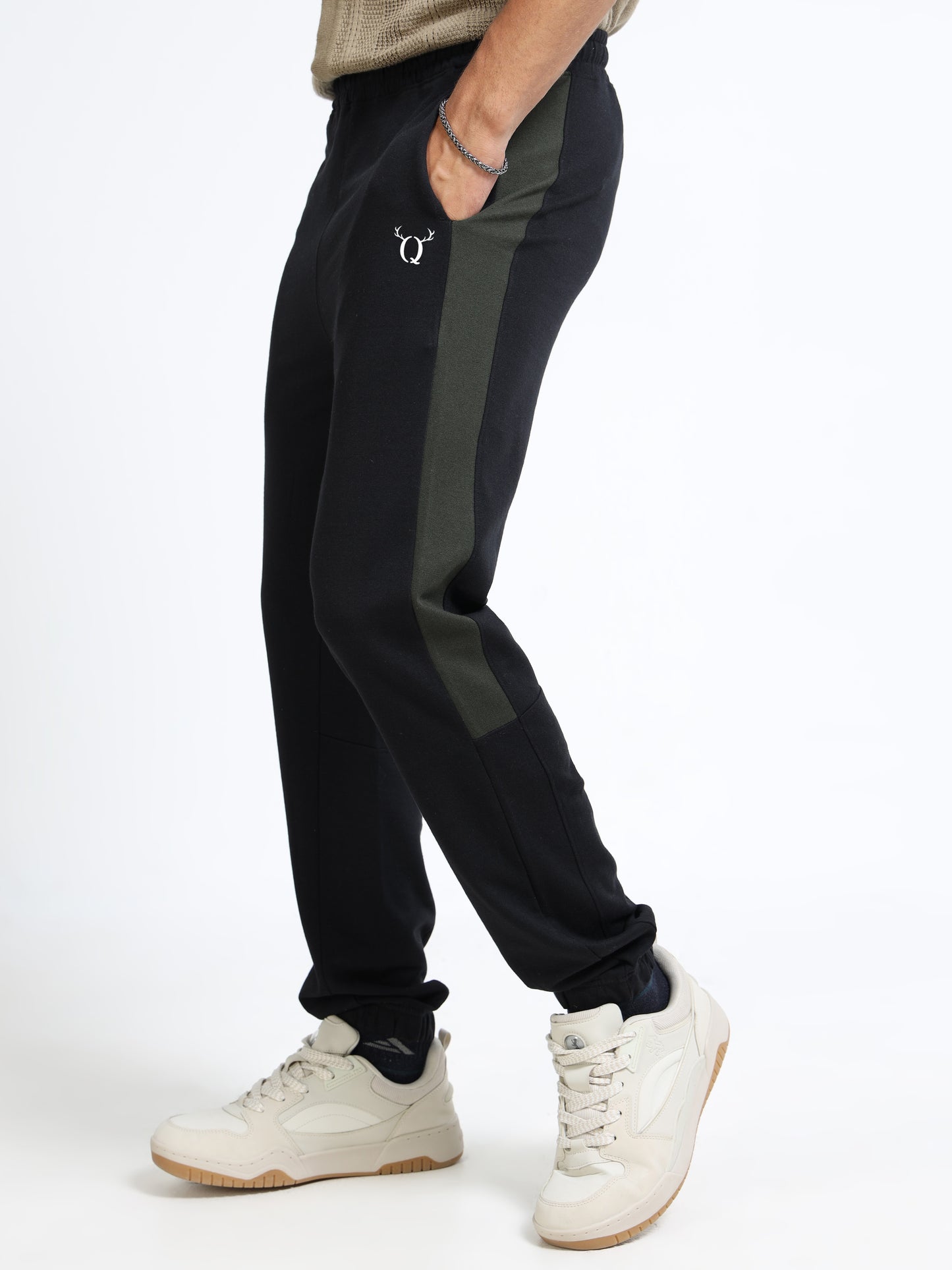 Men’s Black Cotton Blend Track Pants with Olive Side Panel | Regular Fit Fit Joggers for Gym & Casual Wear