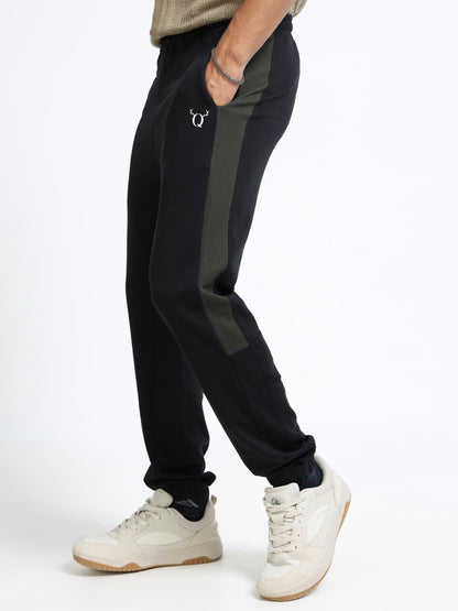 Men’s Black Cotton Blend Track Pants with Olive Side Panel | Regular Fit Fit Joggers for Gym & Casual Wear