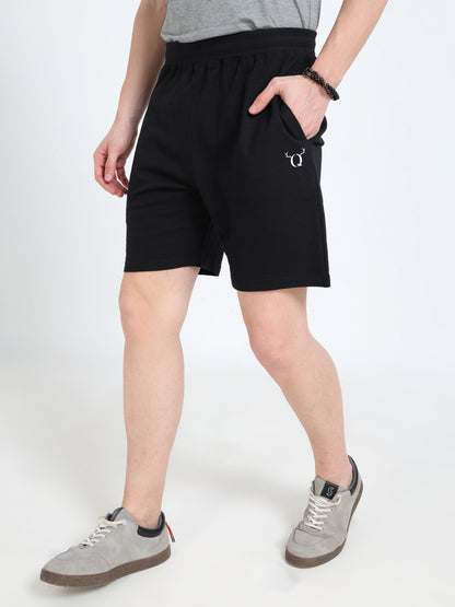Men’s Black Cotton Blend Shorts with Minimal Logo | Regular Fit Casual & Athleisure Shorts