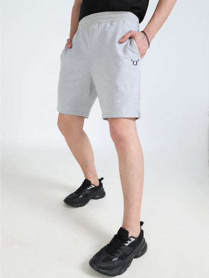 Men’s Grey Melange Cotton Blend Shorts with Minimal Logo | Regular Fit Casual & Athleisure Shorts