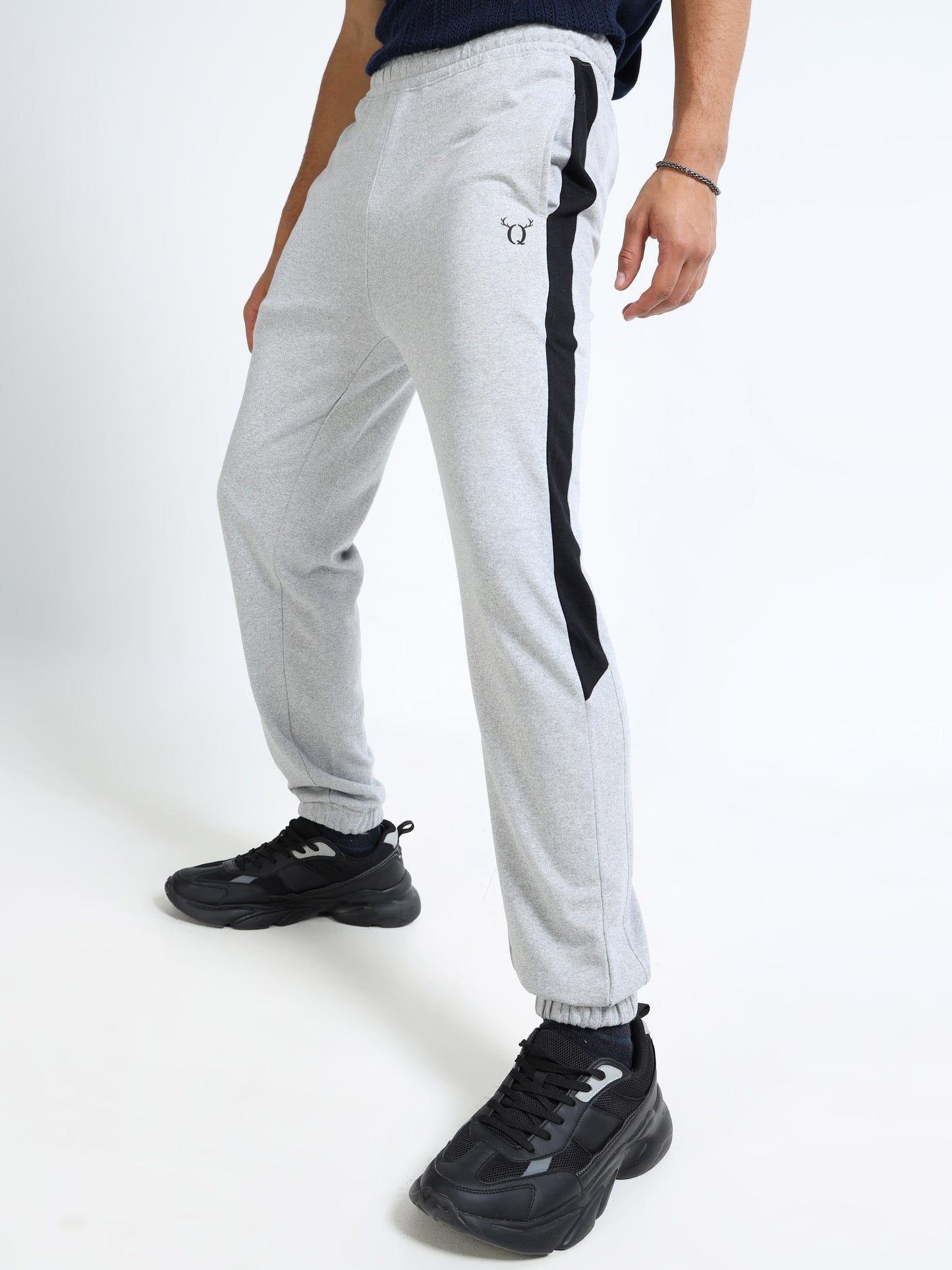 Men’s Grey Cotton Blend Joggers with Black Side Panel | Regular Fit Track Pants for Gym & Casual Wear