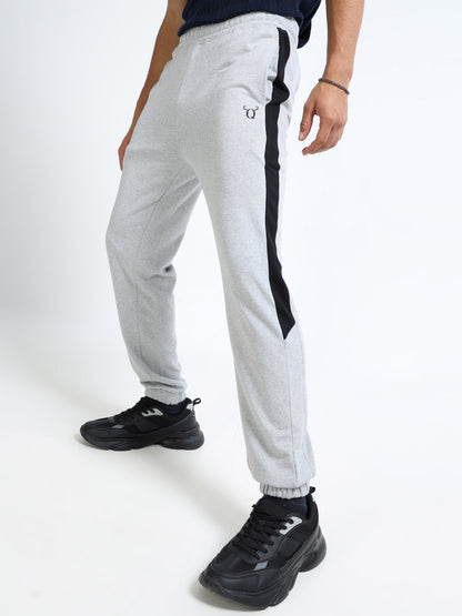 Men’s Grey Cotton Blend Joggers with Black Side Panel | Regular Fit Track Pants for Gym & Casual Wear