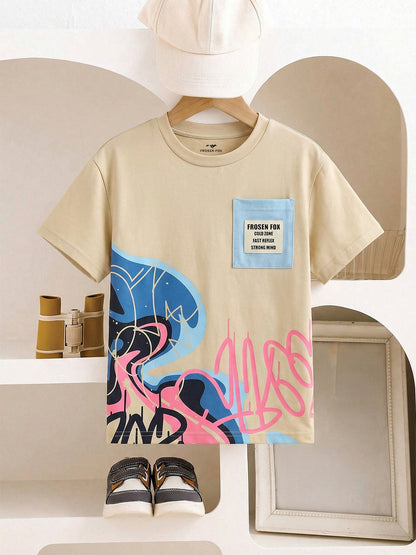 Boys Beige Graphic Print T-Shirt with Pocket