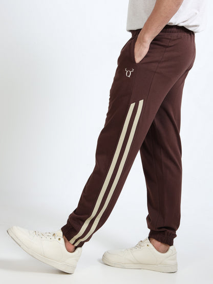 Men’s Brown Striped Regular Fit Joggers | Mid-Rise | Elasticated Waist & Drawstring