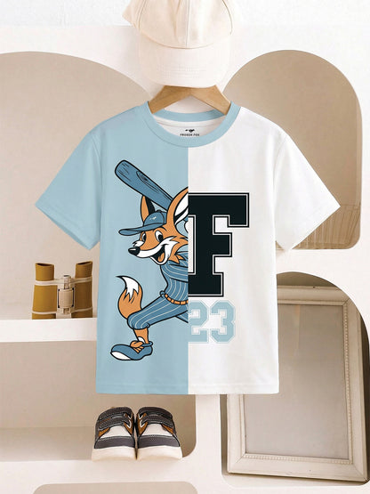Boys Cartoon Fox Tee – Trendy Colorblock Style