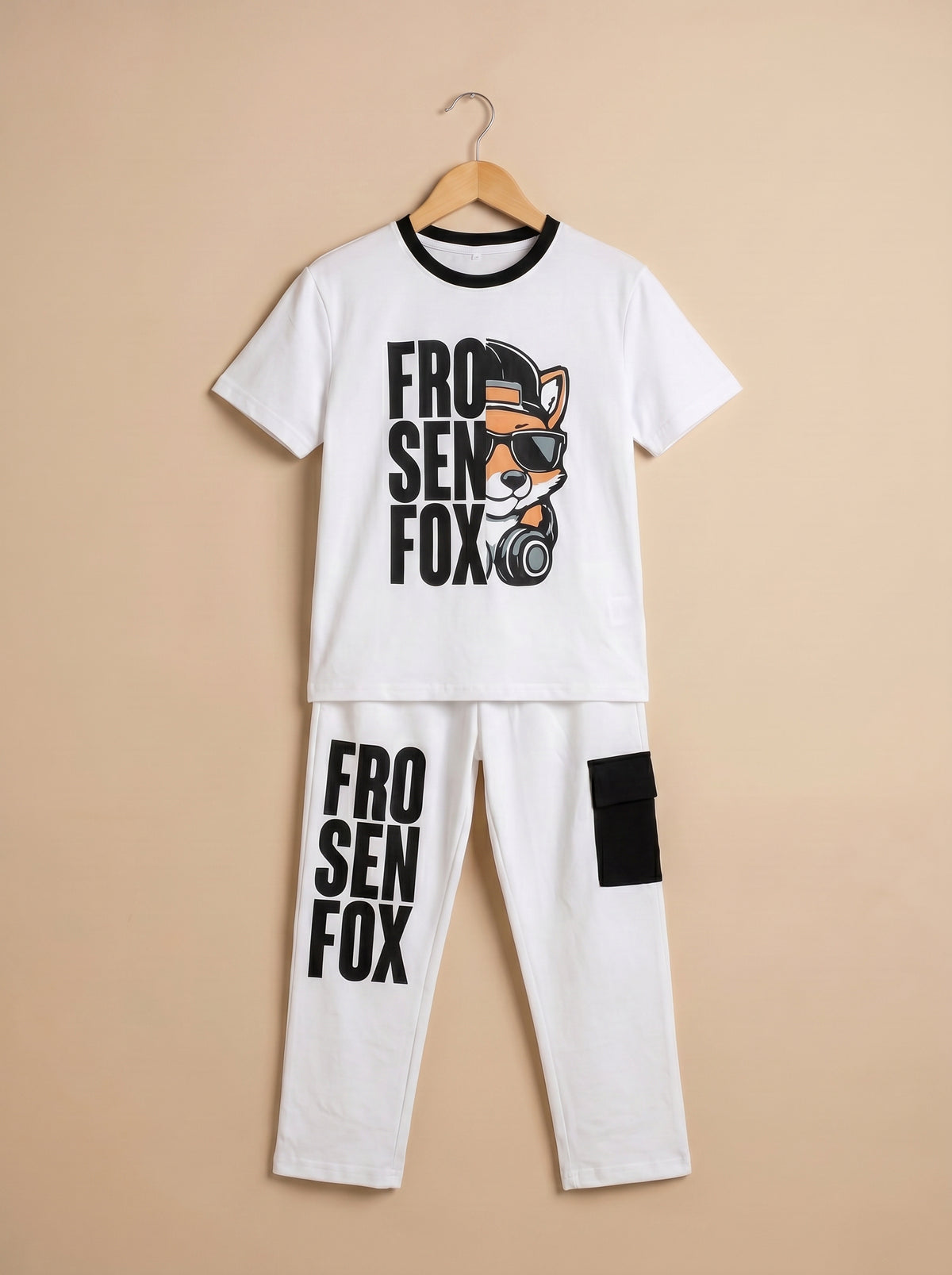Kids' White "FROSEN FOX" Graphic Printed T-Shirt and Cargo Track Pants Set