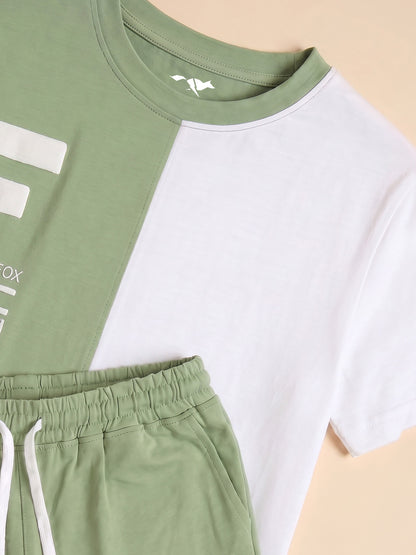 Kids' Sage Green and White Colorblock Graphic T-Shirt and Track Pants Set