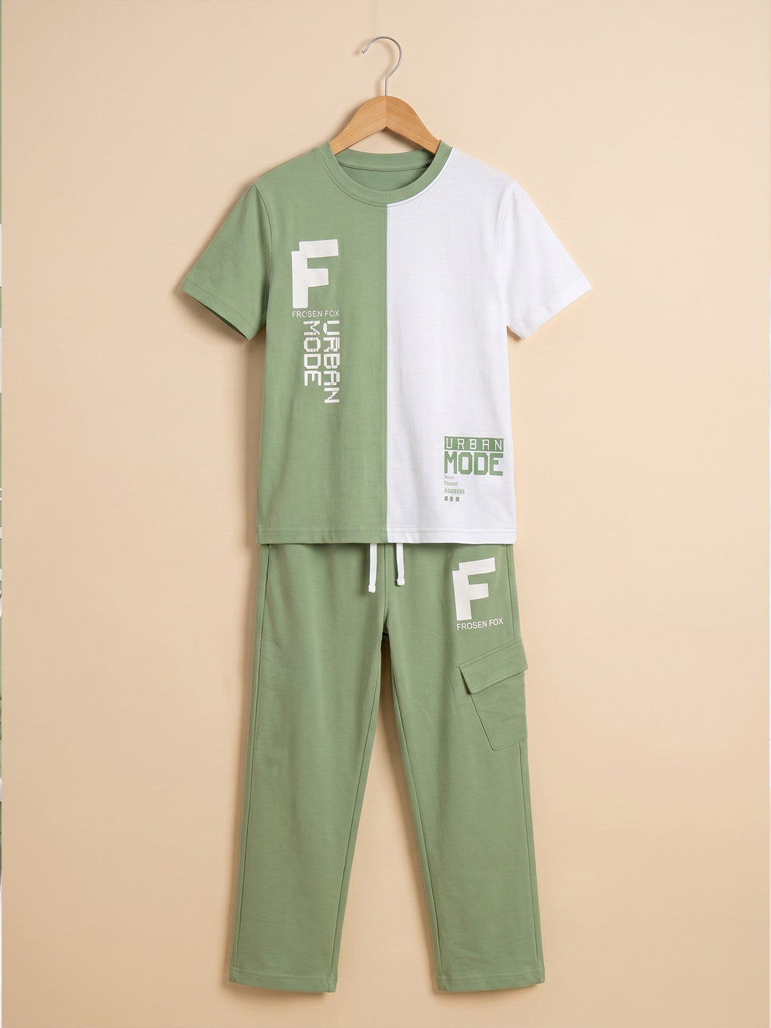 Kids' Sage Green and White Colorblock Graphic T-Shirt and Track Pants Set