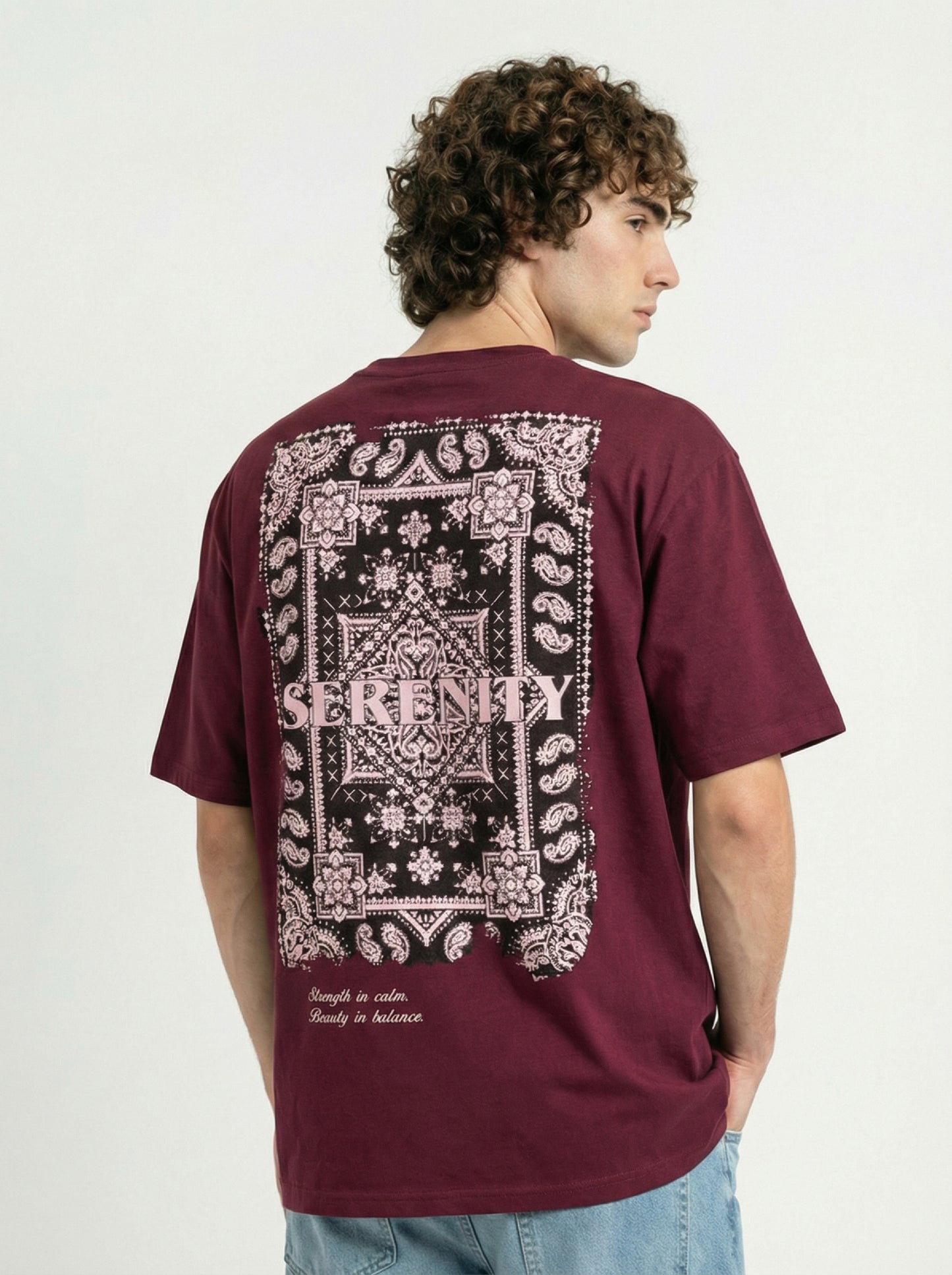 Maroon Serenity Bandana Print Oversized T-Shirt for Men | Cotton Blend Back Graphic Streetwear Tee