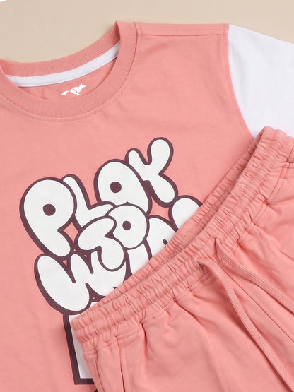 Kids' Coral "PLAY TO WIN" Basketball Graphic T-Shirt and Track Pants Set