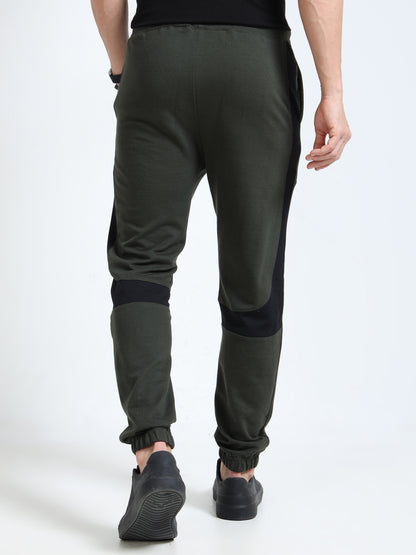 Men’s Olive Cotton Blend Joggers with Black Panel Design | Regular Fit Athleisure Track Pants