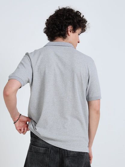 Men’s Light Grey Solid Polo T-Shirt with Minimal Chest Logo | Regular Fit Casual Cotton Blend Tee
