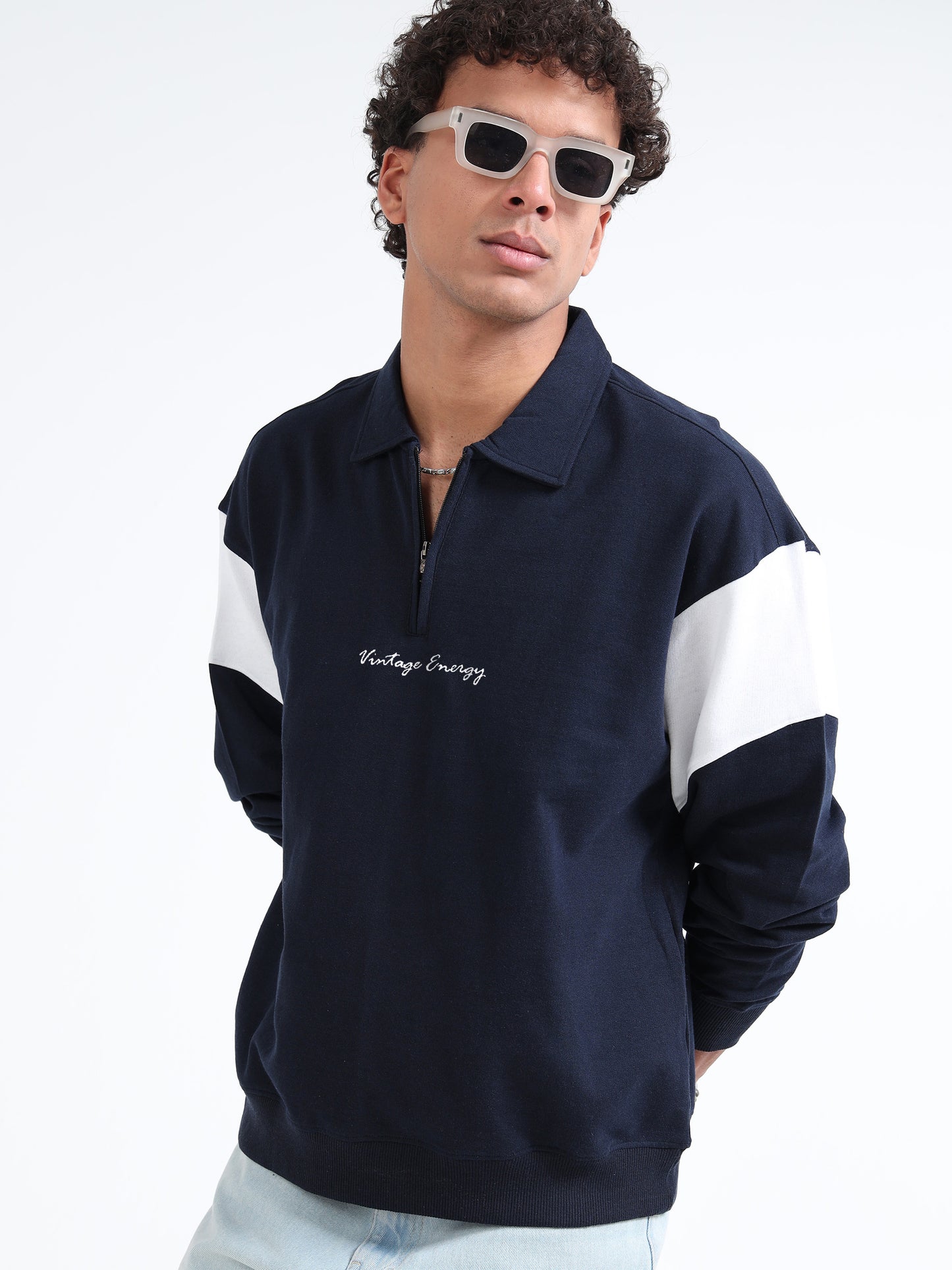Men’s Navy Blue Half-Zip Sweatshirt | Vintage Energy Printed Oversized Pullover